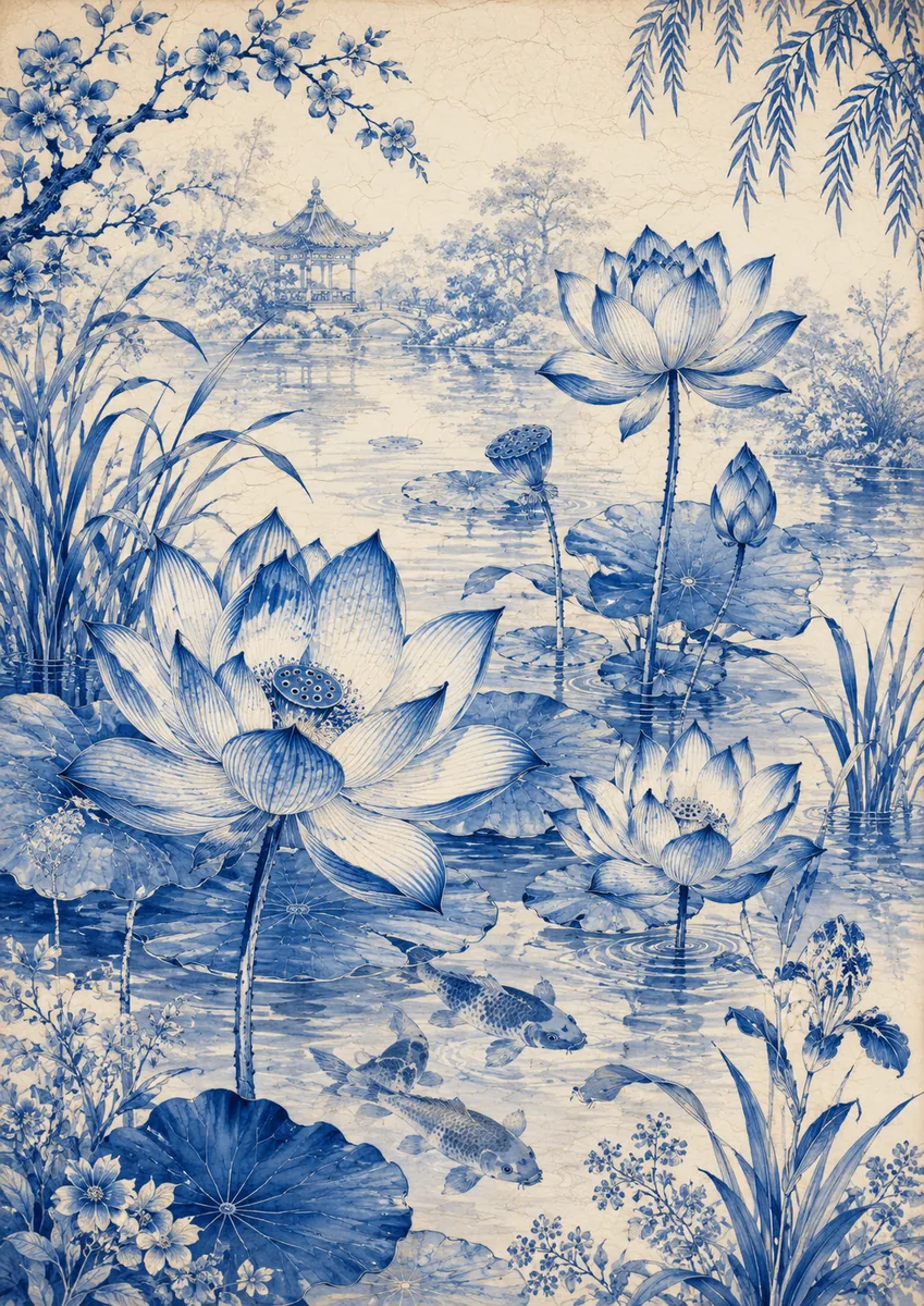 Blue-and-white lotus pond with koi fish, water lilies, reeds, willow branches, flowering trees, and a distant pavilion
